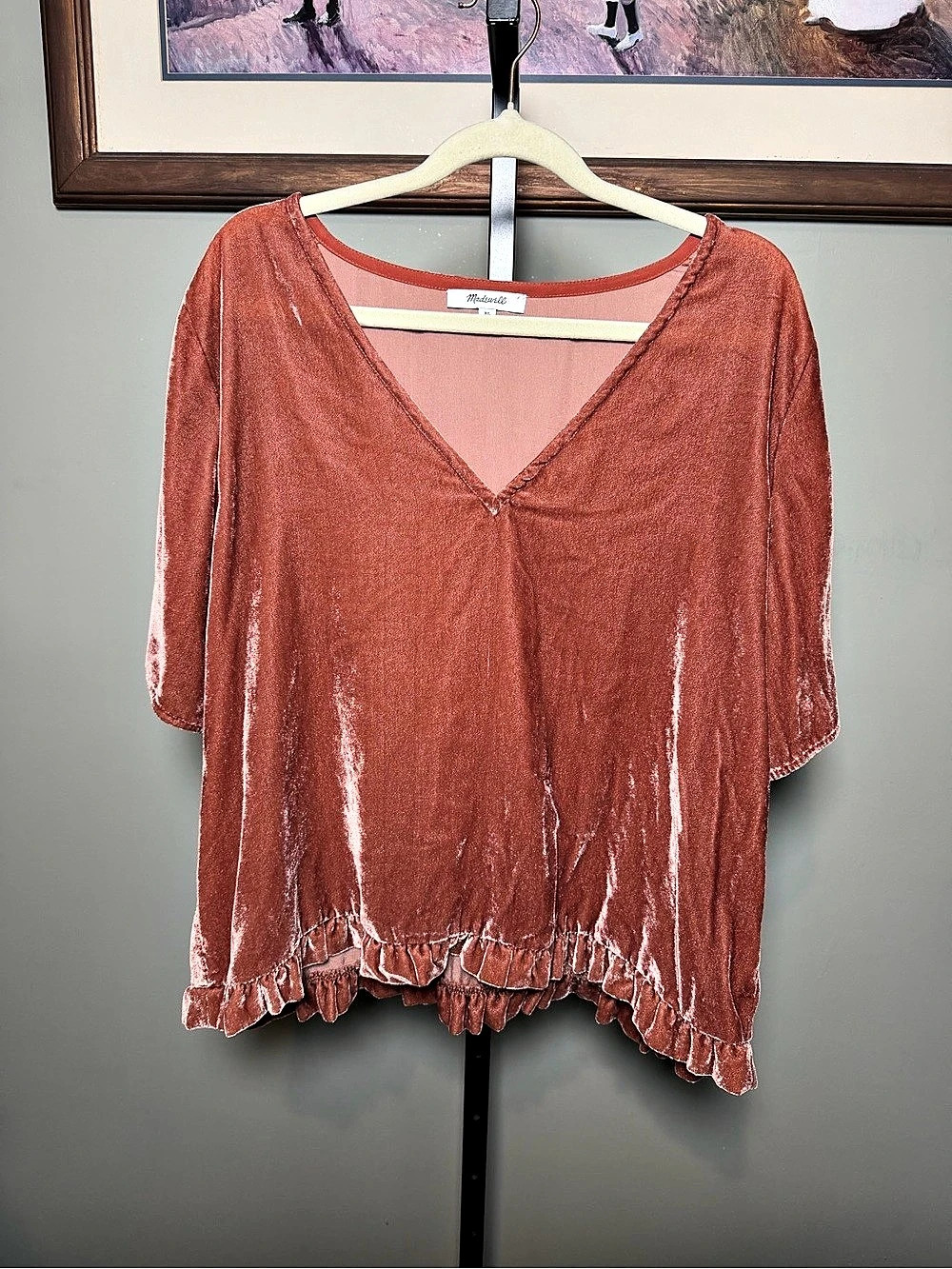 Madewell Velvet Bubble-Sleeve Top Ruffle Hem Blouse in Orange Size XL